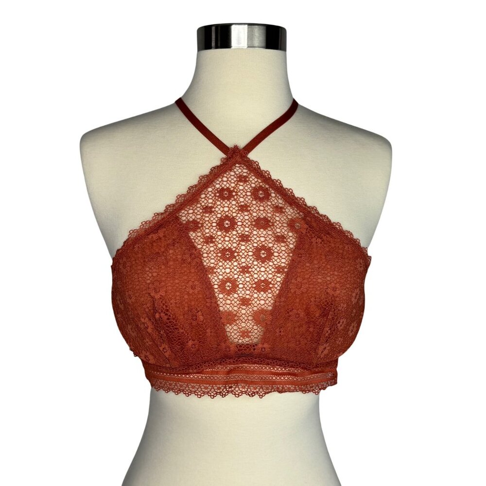 NWT Victorias Secret SzM Lace Bralette Rust Red Floral Lace Halter Neck Coquette